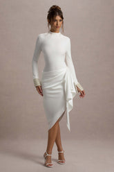 Ecru Satin Long-Sleeve Midi Dress With Draped Skirt